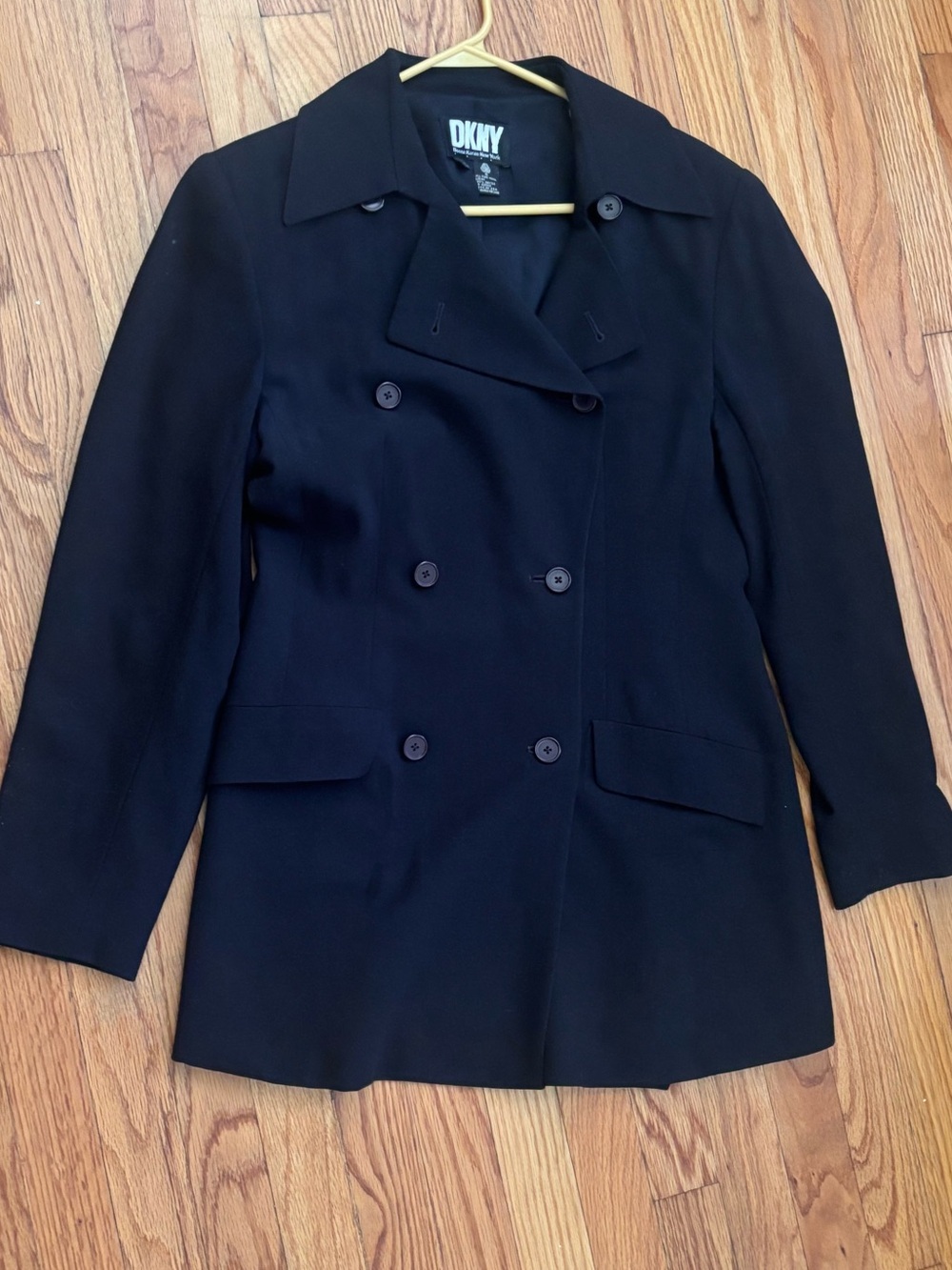Vintage 90s DKNY Donna Karan Black Wool Double Breasted Blazer Jacket Size 8